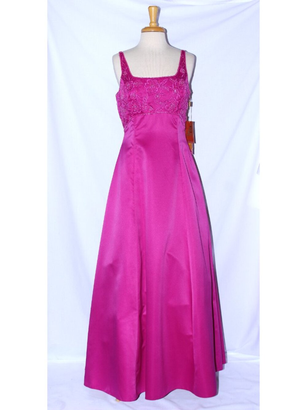 Lenovia #025 Long Hand Beaded Satin A-line Gown-Size L-HOT PINK-NWT
